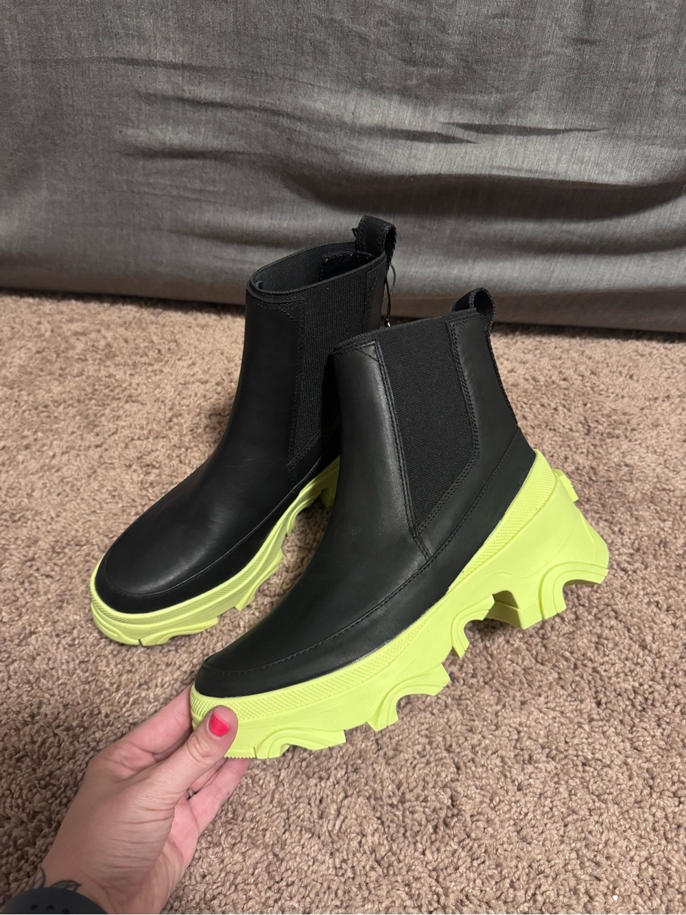 Sorel Black Chelsea Boots with Neon Lime Platform Sole